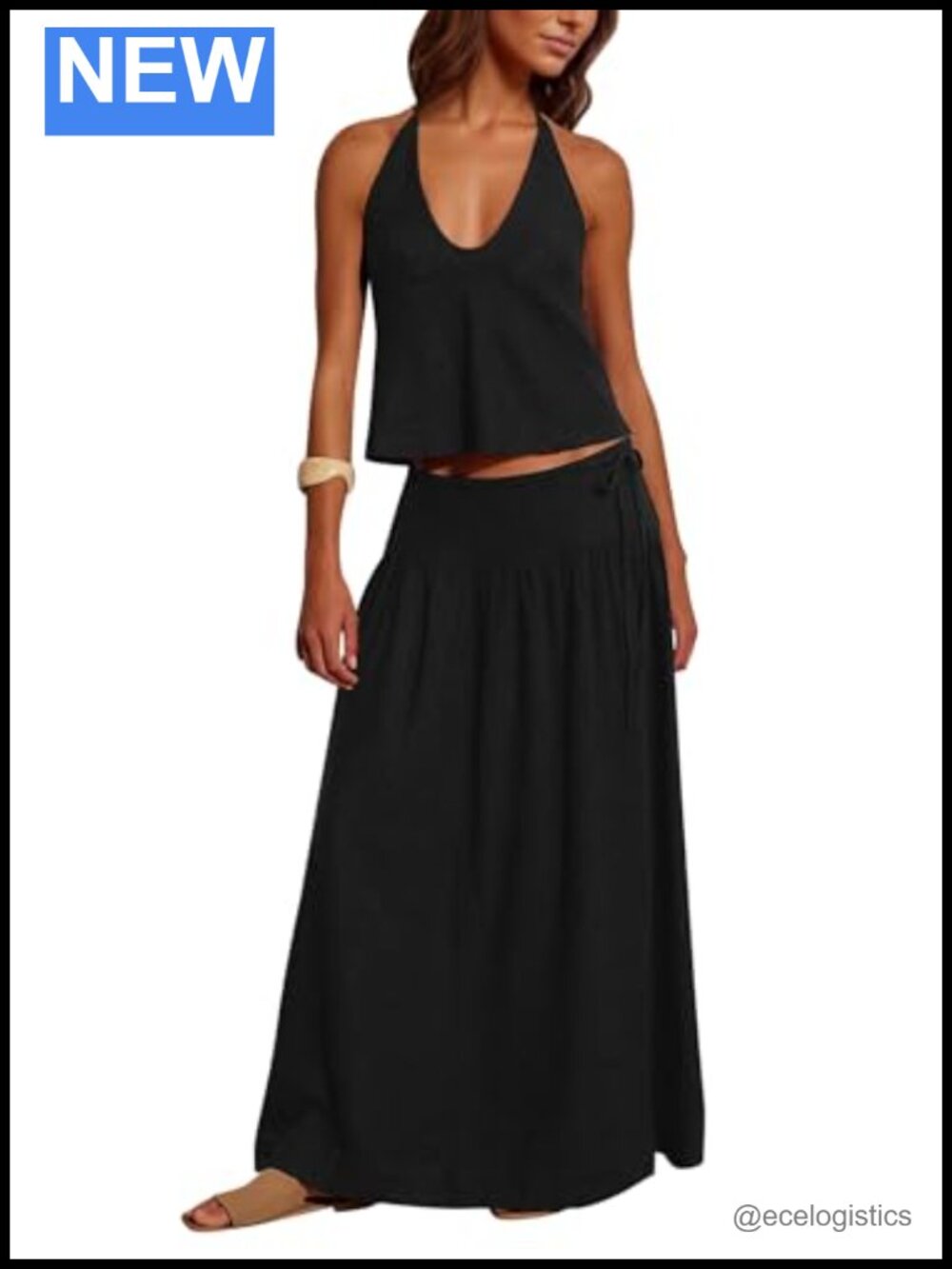 Women 2 Piece Skirt Set Halter Cami Crop Top A Line Maxi Skirt Flowy Matching